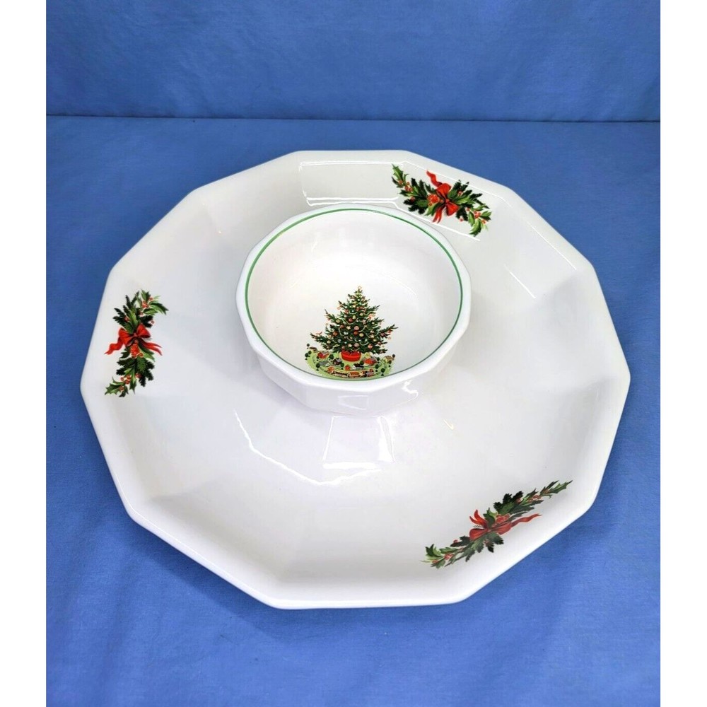 Christmas Tree Chip & Dip Pfaltzgraff 2 Pc Set White Made in USA